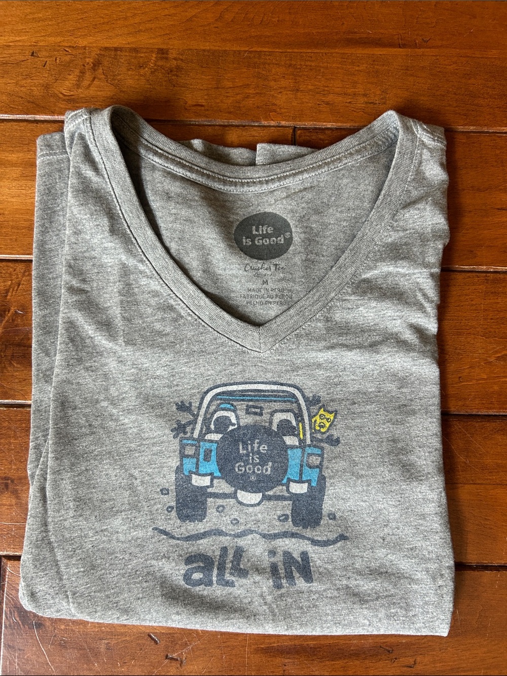 Life Is Good Gray V-Neck Tee with Blue Jeep Graphic